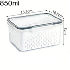 850 ml clear produce storage container with perforated drain basket and lid