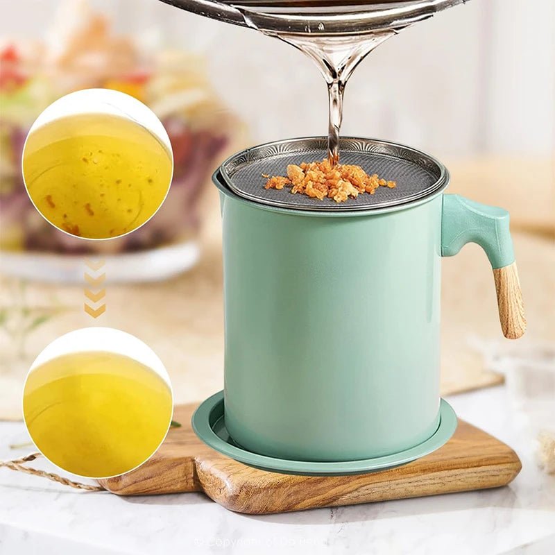 Light green grease storage can with fine mesh strainer receiving poured oil