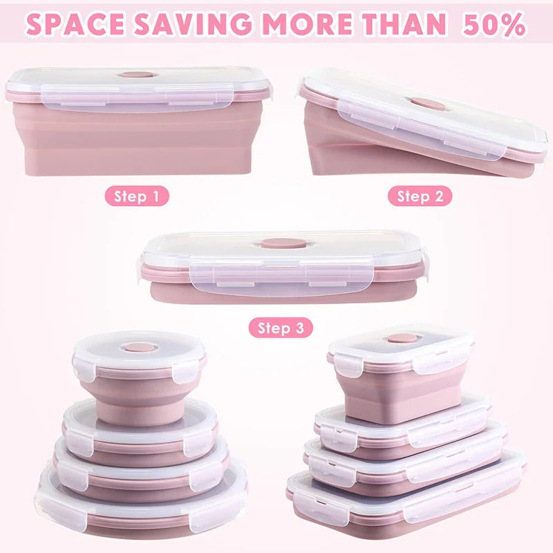 Blush pink collapsible silicone meal prep containers, compact stack with clear snap lids