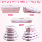 Blush pink collapsible silicone meal prep containers, compact stack with clear snap lids