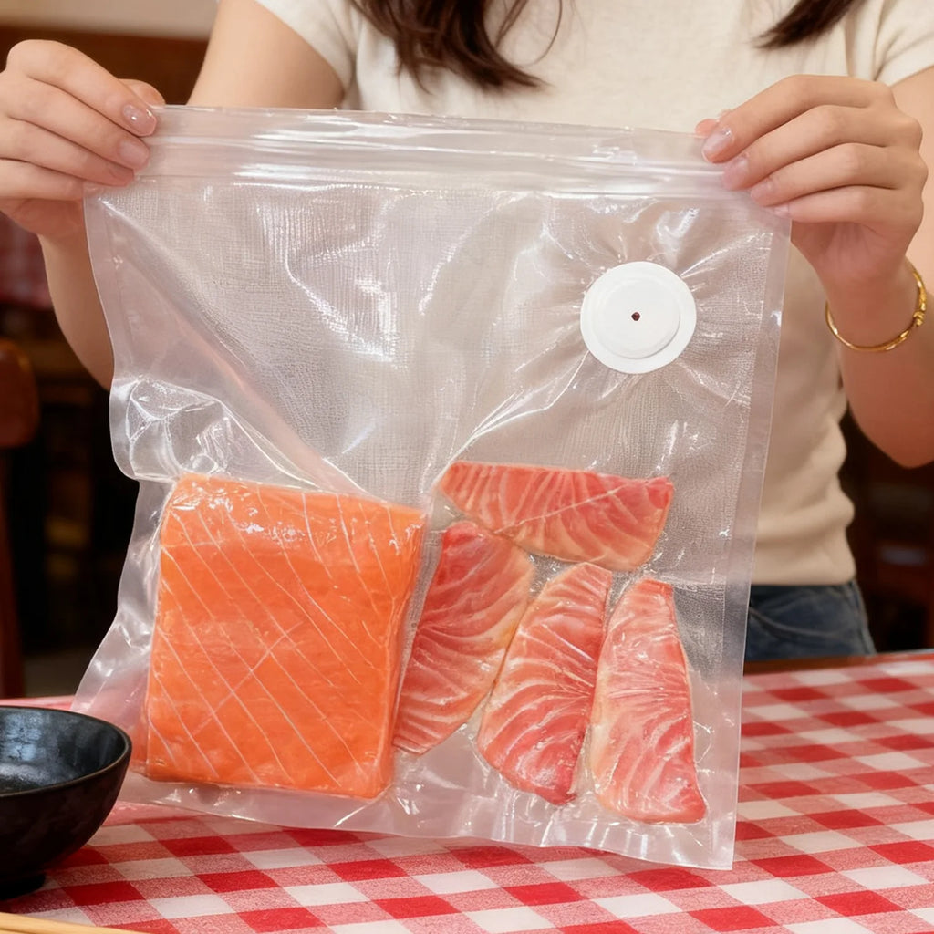 Vacuum sealer food storage bag with white valve, holding sealed salmon portions