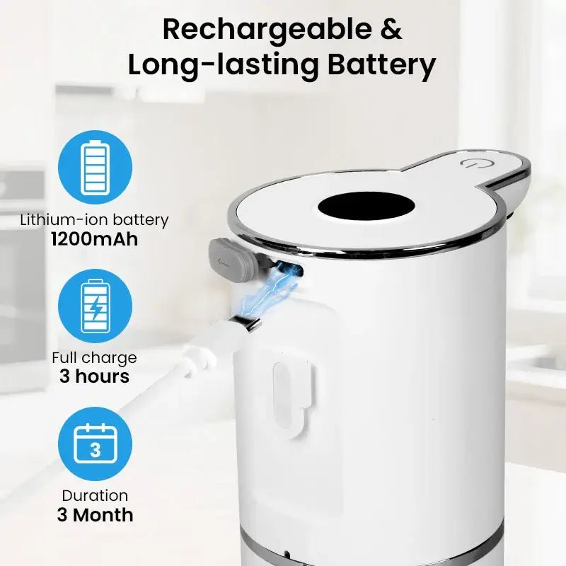 White rechargeable touchless soap dispenser with top sensing opening and side pump outlet