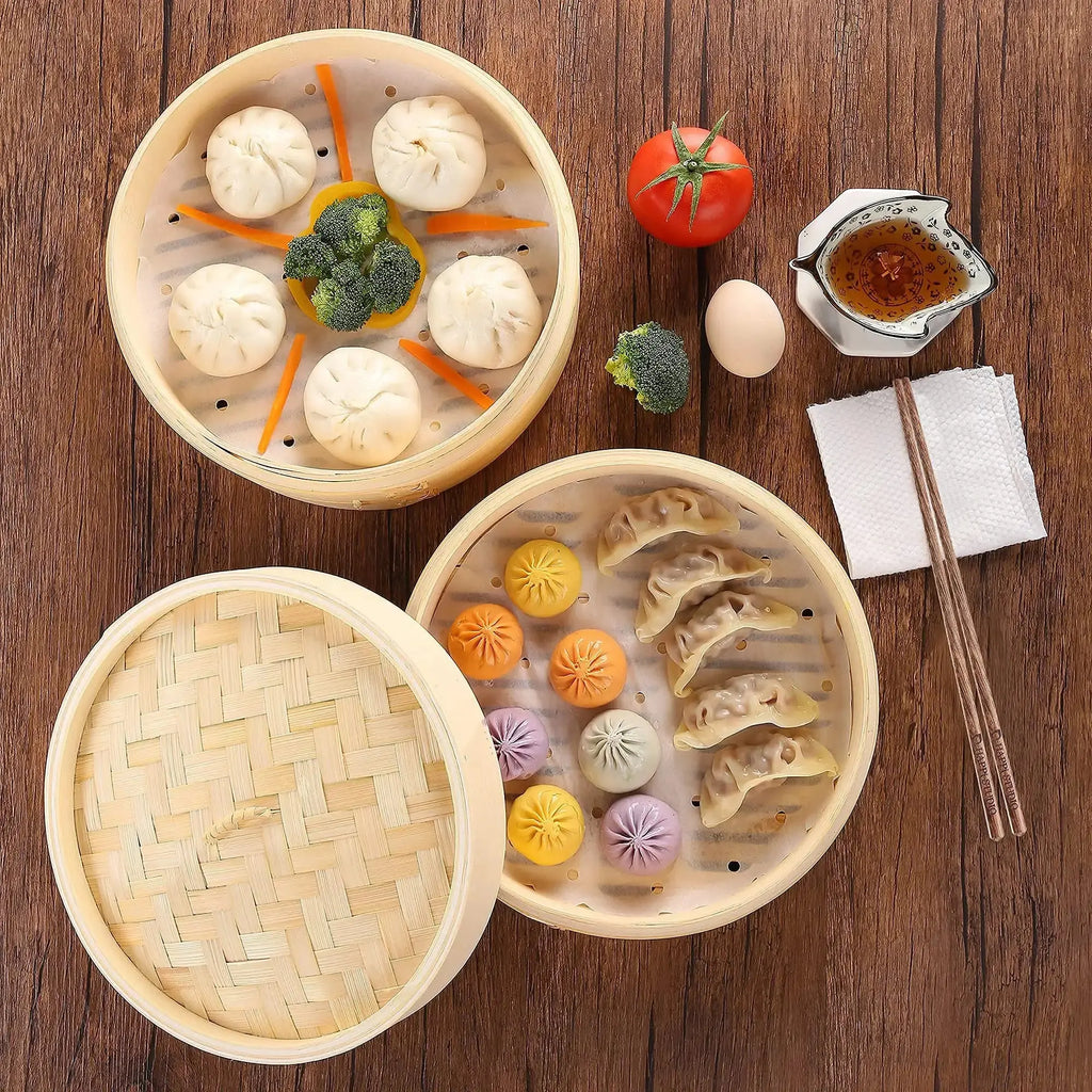 Premium 3-Tier Handmade Natural Bamboo Steamer Basket with Lid, perfect for steaming dumplings and vegetables.