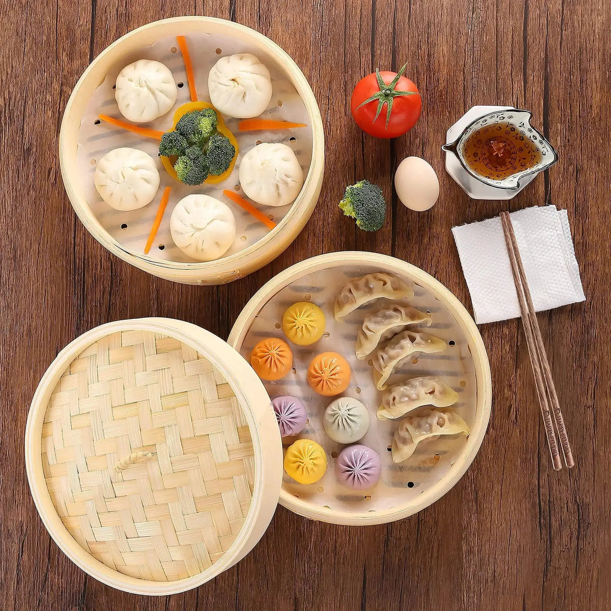 Premium 3-Tier Handmade Natural Bamboo Steamer Basket with Lid, perfect for steaming dumplings and vegetables.