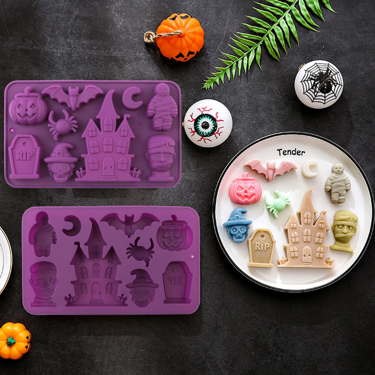 Purple witch Halloween silicone candy mold with bat, pumpkin, tombstone, house, moon and mummy
