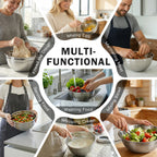 Multi-functional stainless steel nesting mixing bowls with airtight lids in kitchen use scenes.