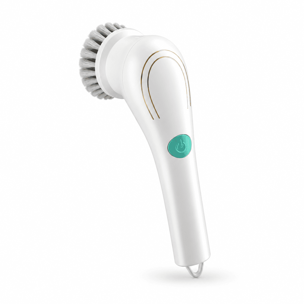 White handheld electric spin scrubber with rotating bristle head and teal power button