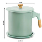 Light green stainless grease storage can with removable fine mesh strainer and handle
