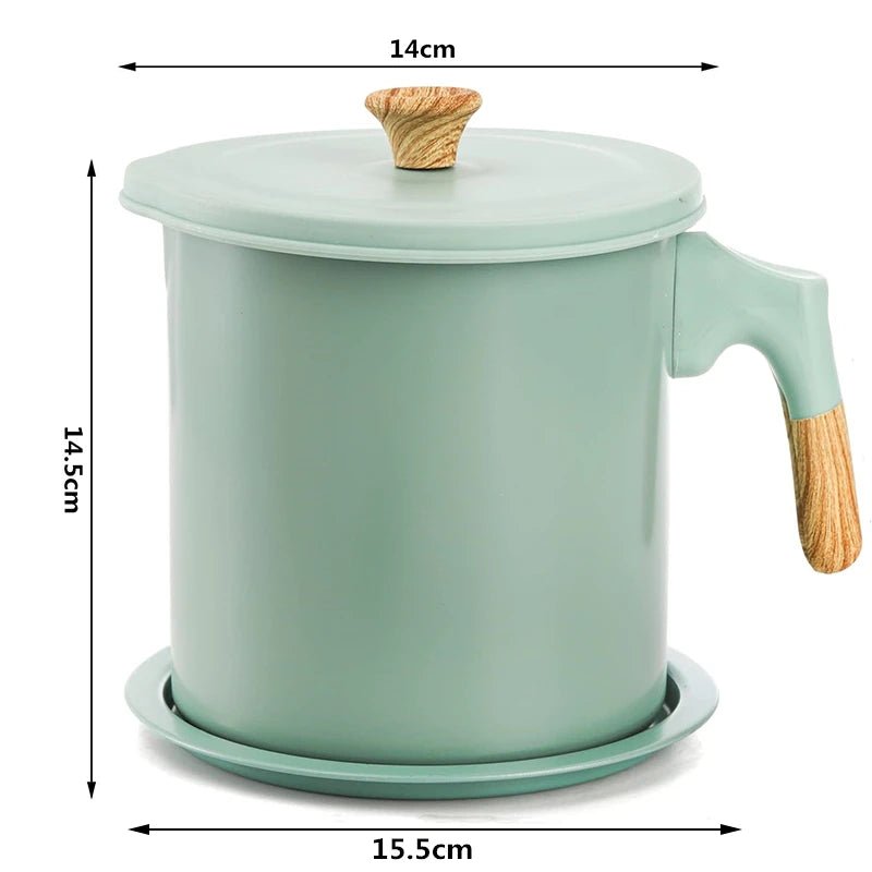 Light green stainless grease storage can with removable fine mesh strainer and handle