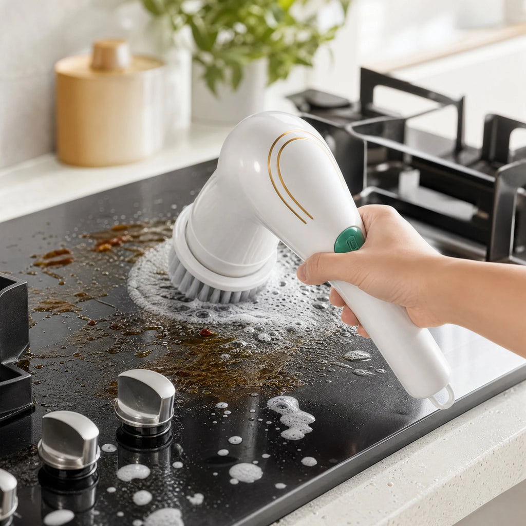 Handheld electric spin scrubber with rotating bristle brush, scrubbing grimy stovetop