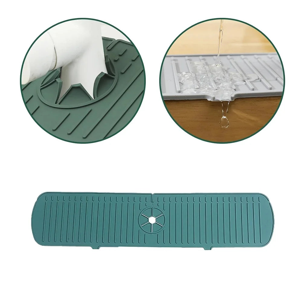 Teal silicone sink splash guard and drain mat with adjustable faucet opening and ridges