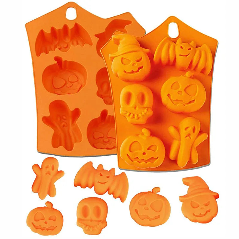 Nonstick silicone Halloween mold set with pumpkin, skull, bat, and ghost cavities