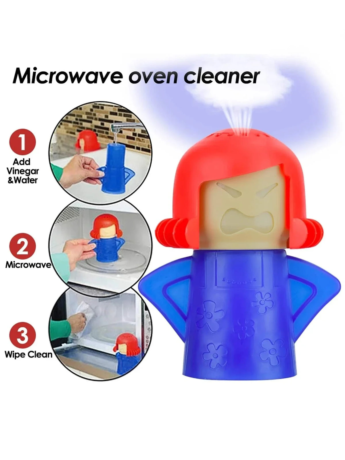 Microwave steam cleaner with red hood and blue base, with face steam window.