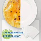 Dishwasher detergent sheets with grease-stained plate and cleaner food contact area