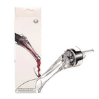 Wine aerating pourer spout with clear nozzle and black ring, shown with retail box