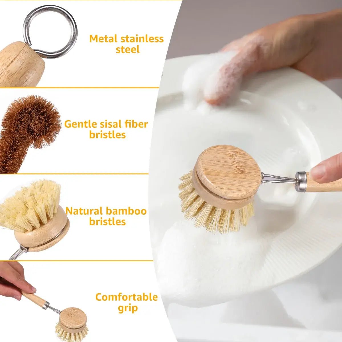Bamboo and sisal dish scrub brush heads with metal hanging ring handle