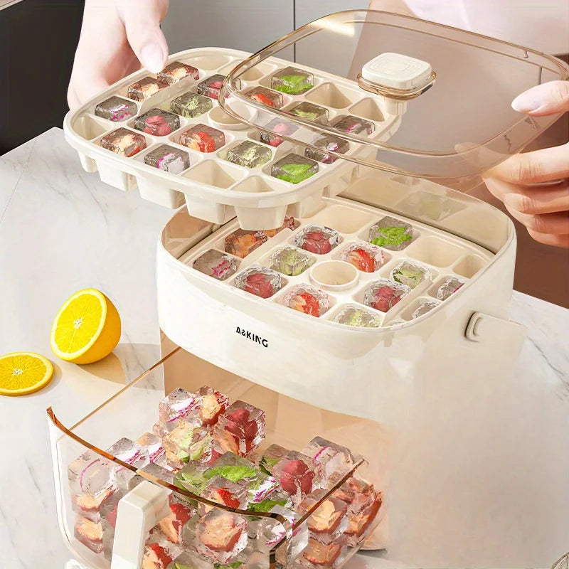 Ice cube maker with open lid and pull-out drawer, cube tray and stacked ice cubes