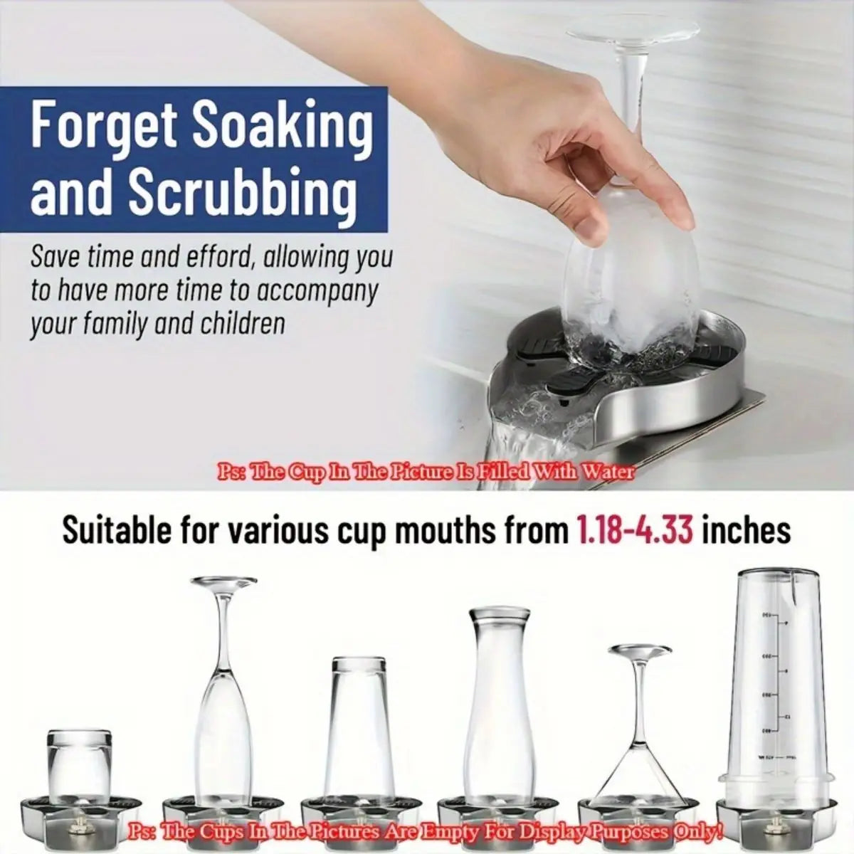 Stainless steel glass rinser top with multi-angle jet arms, rinsing cup under tap