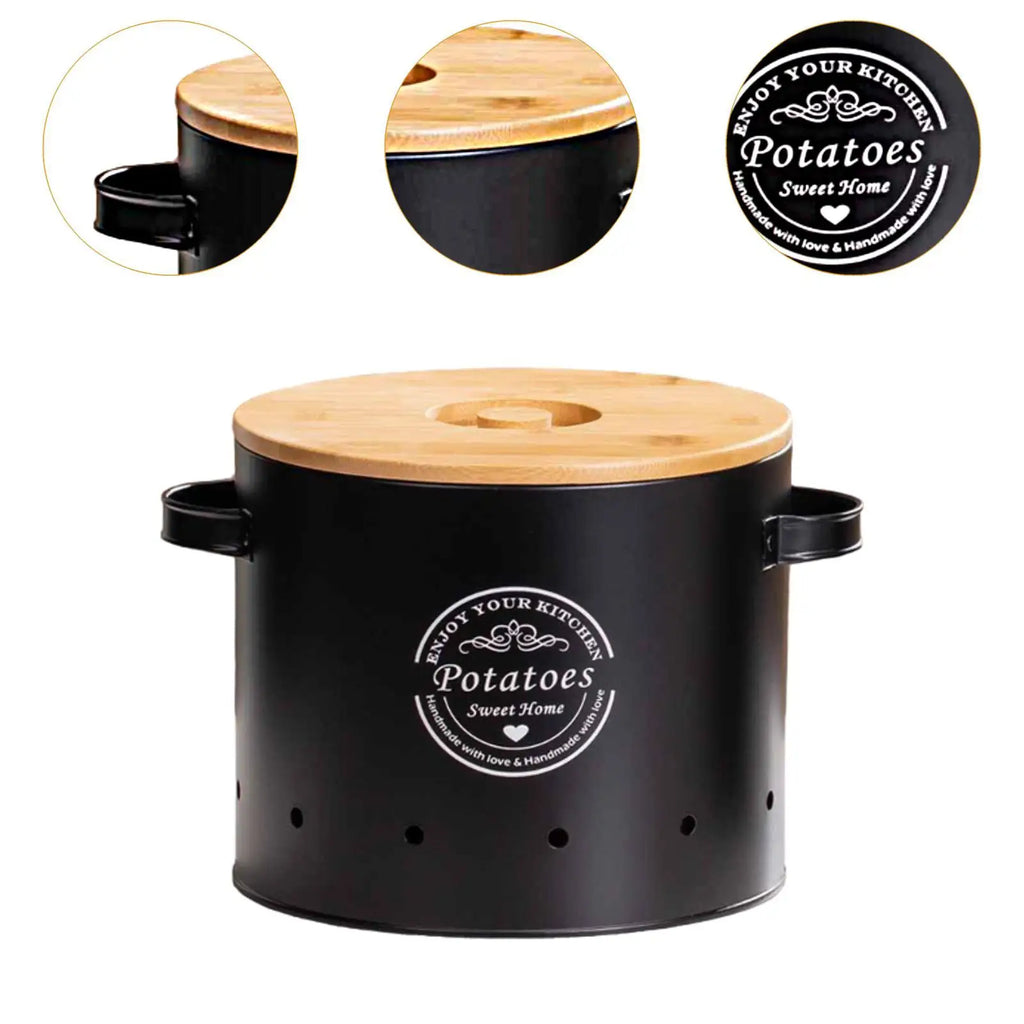Black vented potato storage canister with bamboo lid and side handles