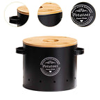 Black vented potato storage canister with bamboo lid and side handles