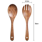 Acacia wood salad servers, spoon and fork with 3 tines, oval heads, round handle hole
