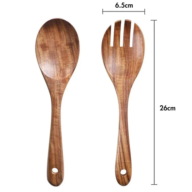 Acacia wood salad servers, spoon and fork with 3 tines, oval heads, round handle hole