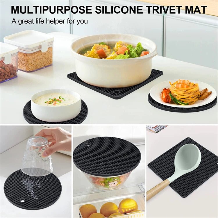 Black hex-pattern silicone trivet mat set with pads for pots and serving dishes