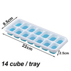 Sky blue silicone ice cube tray with transparent lid, dimensions marked for 14-cube tray