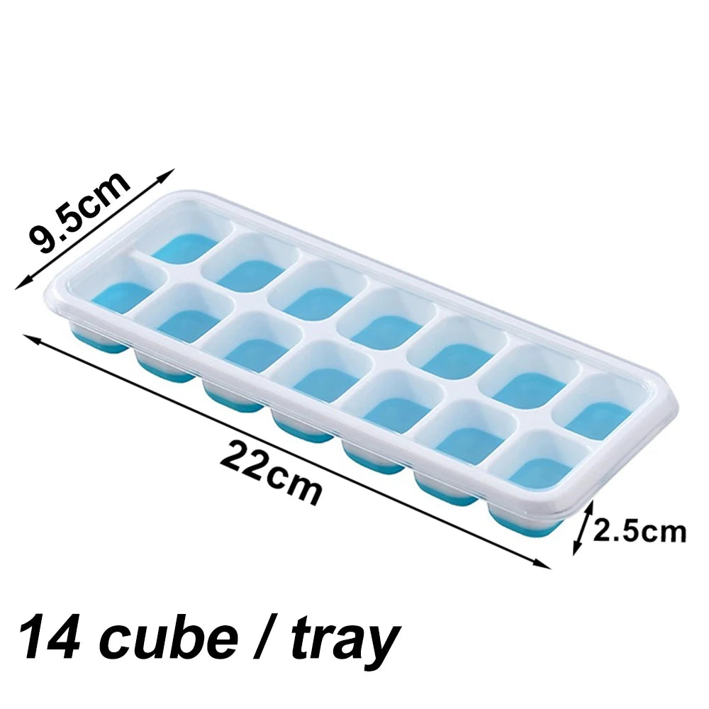 Sky blue silicone ice cube tray with transparent lid, dimensions marked for 14-cube tray