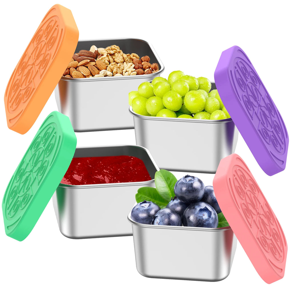 Stainless snack cups with orange, green, purple, red, and teal silicone lids, filled