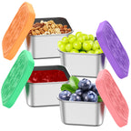 Stainless snack cups with orange, green, purple, red, and teal silicone lids, filled