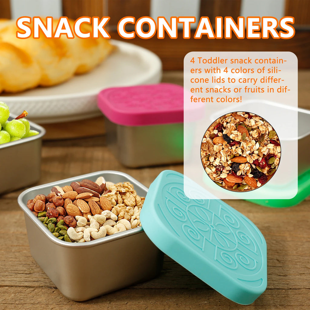 Stainless steel snack containers with turquoise leakproof silicone lids, 4-piece set