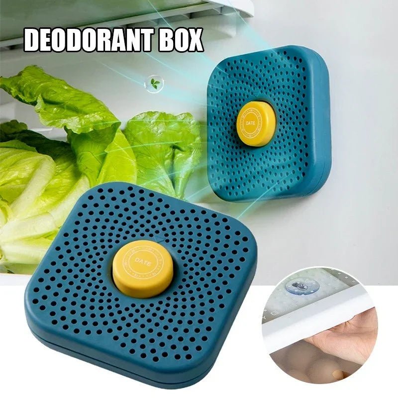 Blue refrigerator deodorizer box with vent holes and inset showing suction-cup attachment