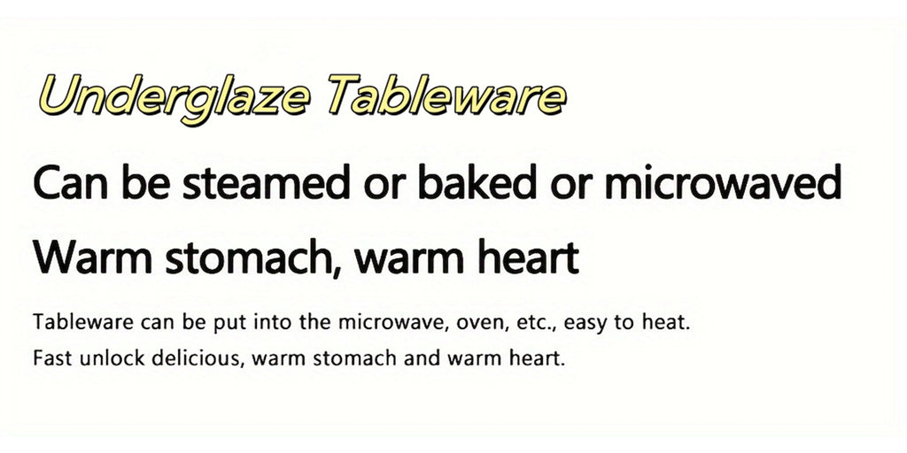 Use and heating instructions graphic for underglaze tableware: microwave, oven, or steam