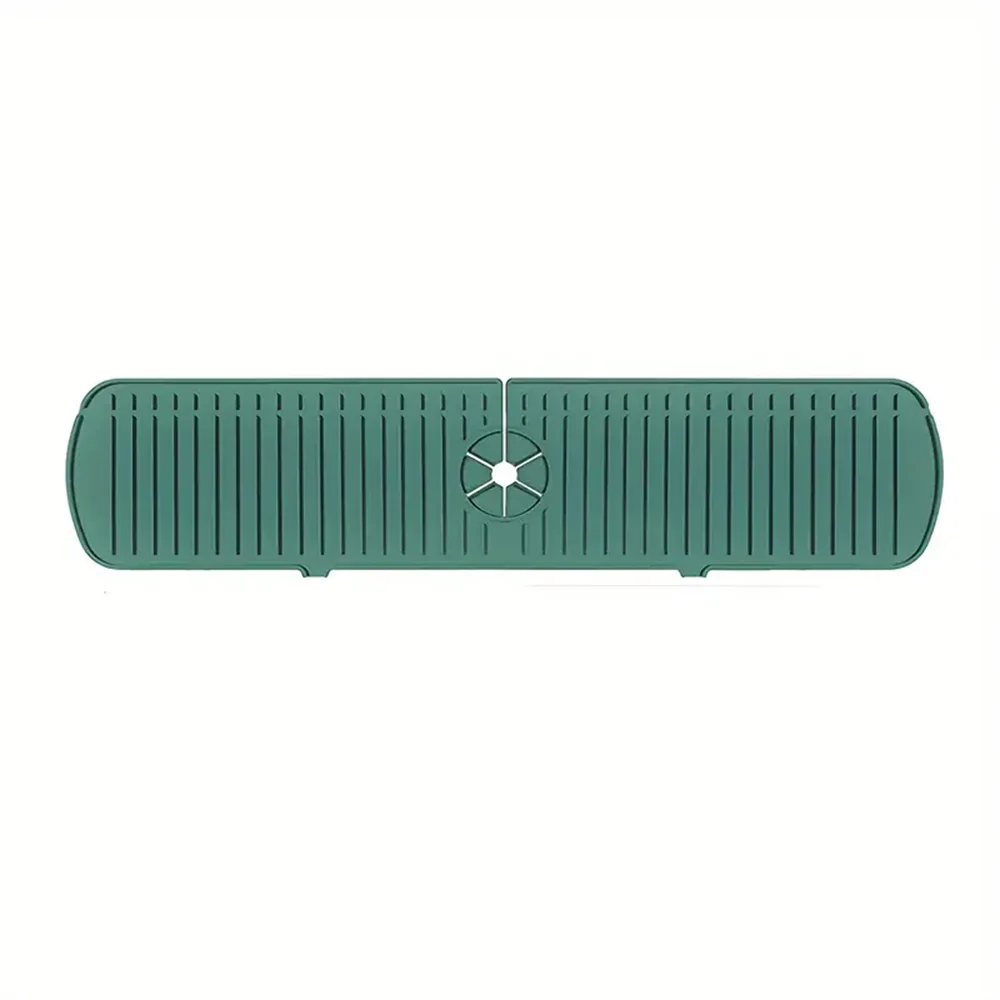 Green silicone faucet sink splash guard and drain mat, flat with center drain symbol