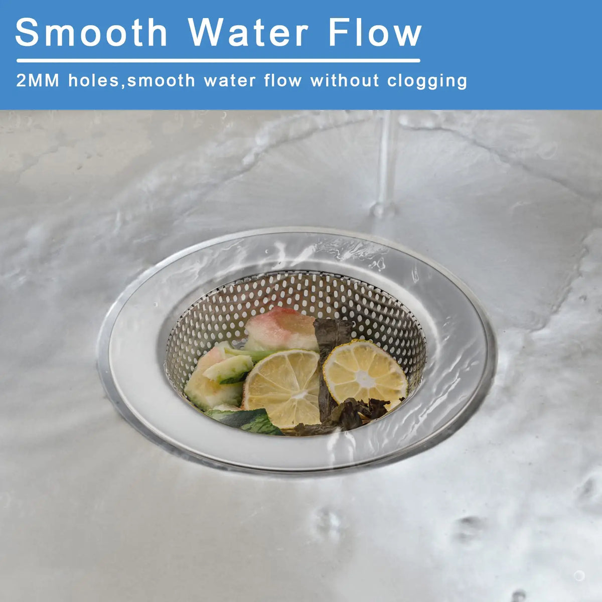 Stainless steel sink strainer basket holding food scraps over a drain