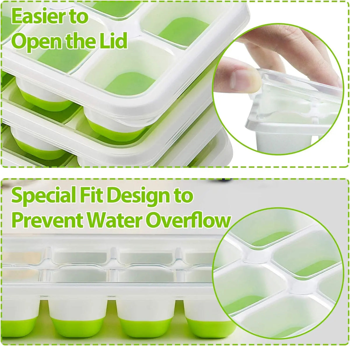 Green silicone ice cube tray with clear lid and molded dividers for spill-resistant filling