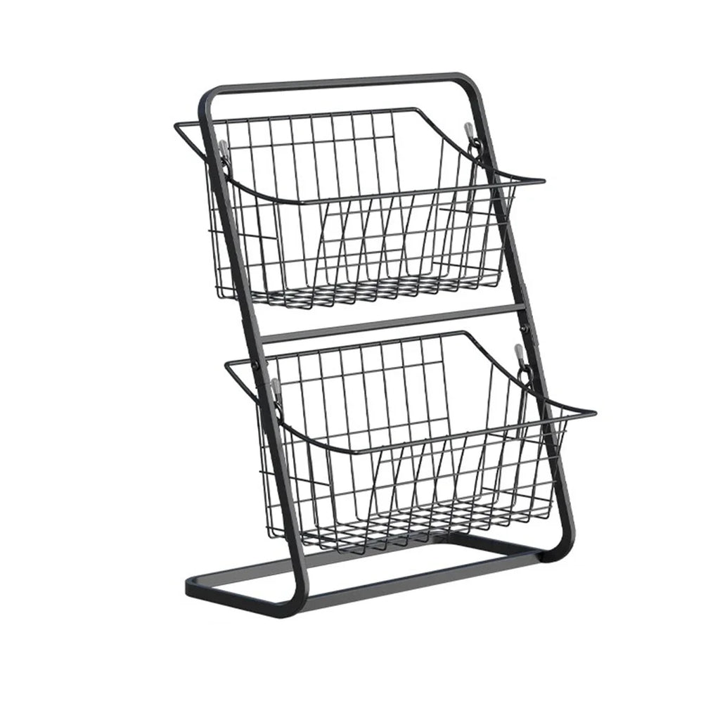 2-tier wire countertop fruit basket organizer, black metal frame with two open baskets