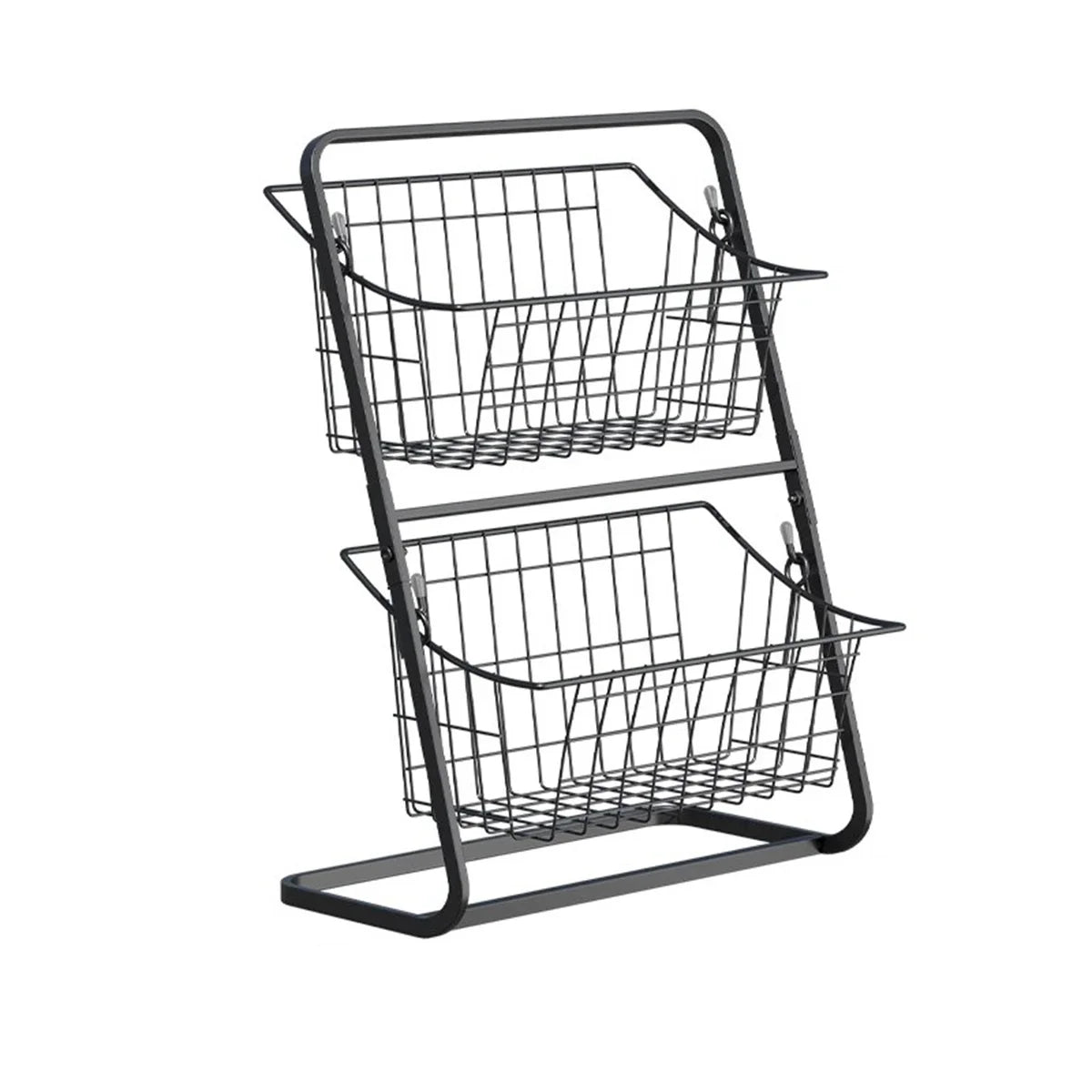 2-tier wire countertop fruit basket organizer, black metal frame with two open baskets