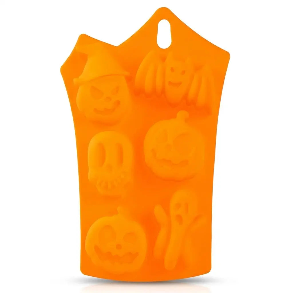 Orange Halloween-themed silicone mold shaped like a tote bag with embossed jack-o-lantern pumpkin faces and ghost designs and a cutout handle at the top.