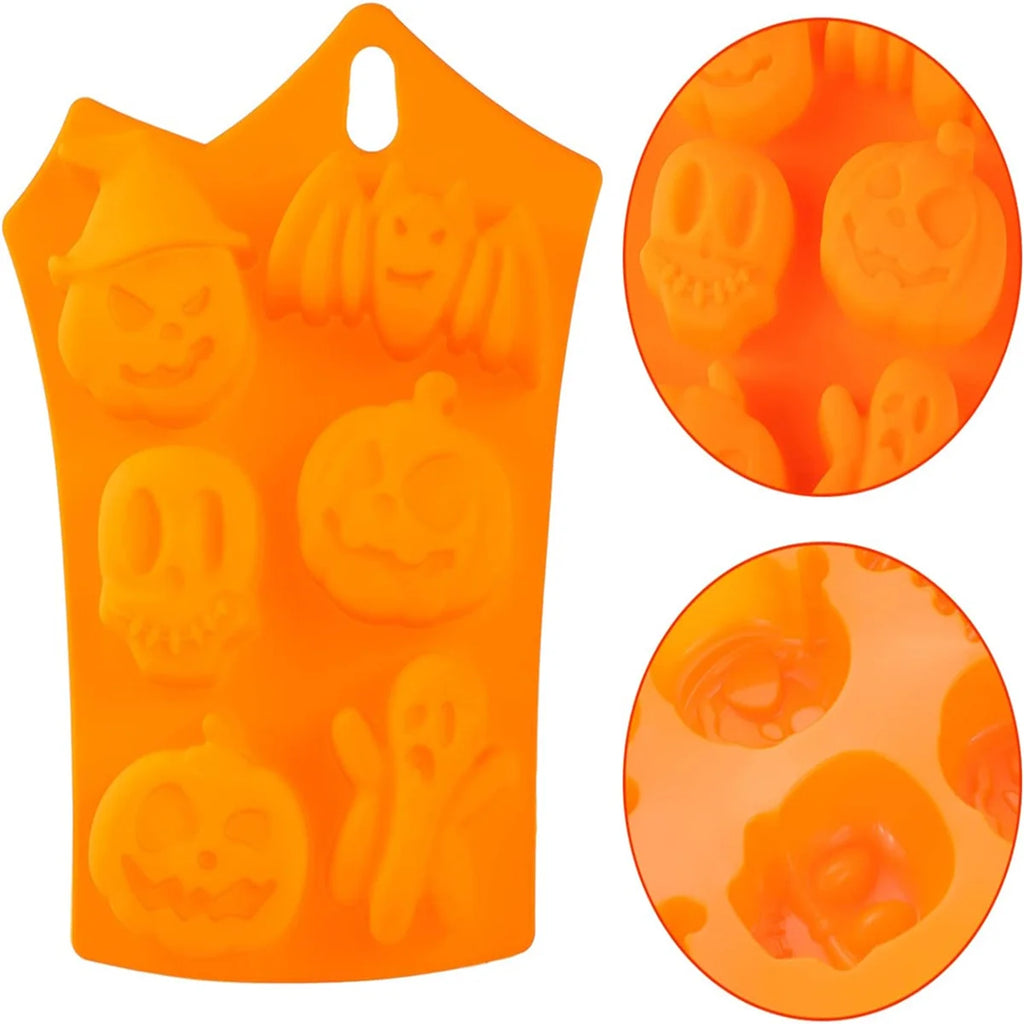 Orange nonstick silicone Halloween mold with pumpkin, skull, bat, and ghost cavities