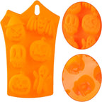 Orange nonstick silicone Halloween mold with pumpkin, skull, bat, and ghost cavities
