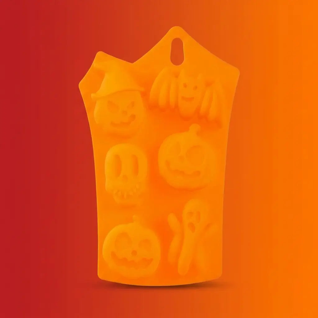 Orange Halloween-themed silicone mold shaped like a tote bag with embossed jack-o-lantern pumpkin faces and ghost designs on an orange-red gradient background.