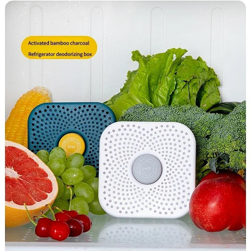 White refrigerator deodorizer box with perforated design and gray date button