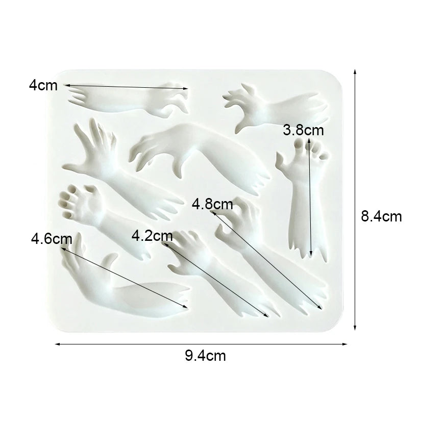 Rectangular silicone sugarcraft mold with Halloween hand and arm relief cavities