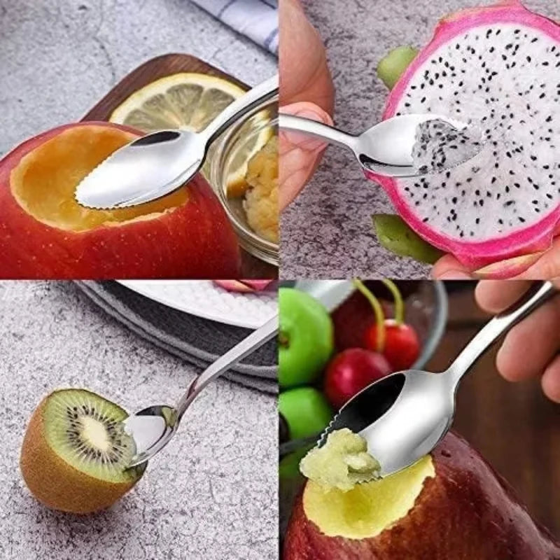Set of stainless steel fruit spoons with micro-serrated edges over citrus and fruit