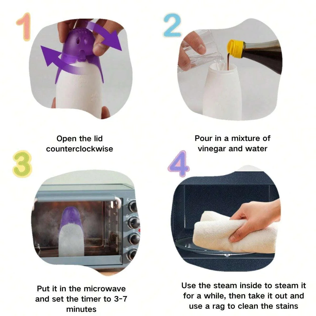 Microwave steam cleaner with purple body shown in step-by-step cleaning icons