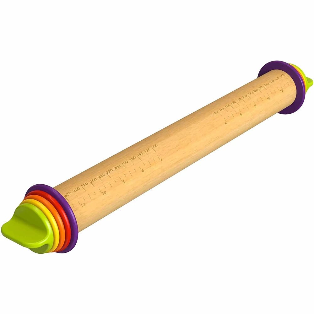 Adjustable beech wood rolling pin with colorful thickness ring guides