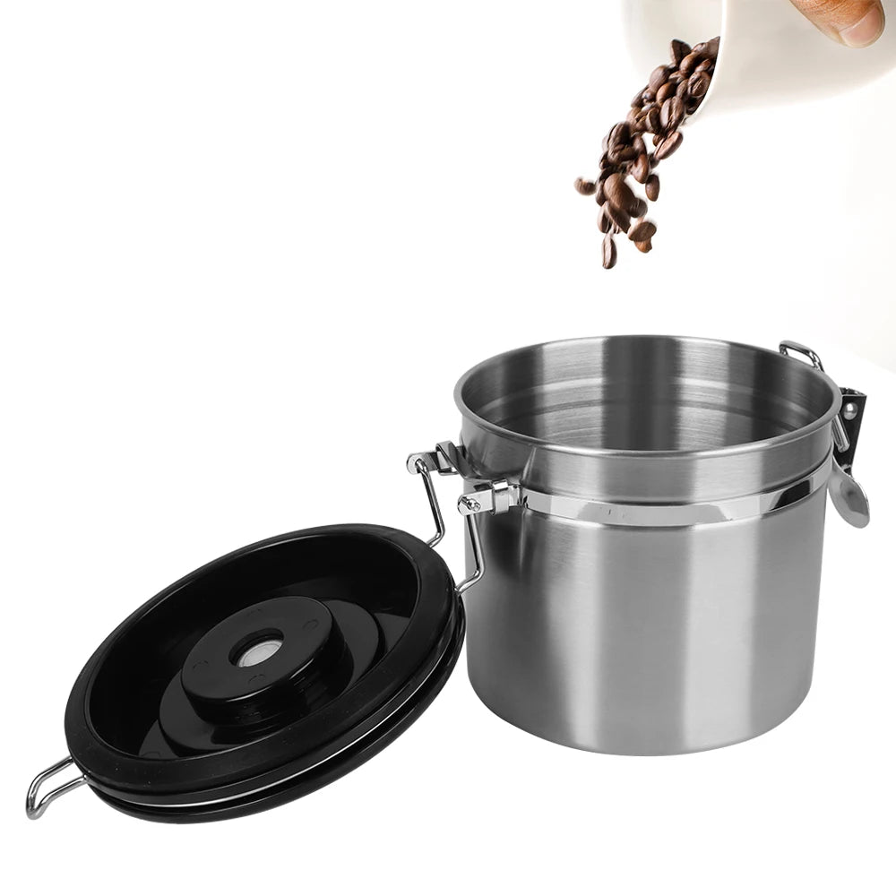 Stainless steel coffee storage canister with black seal lid and clamp latch