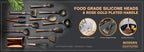 Silicone cooking utensils with rose gold plated handles and multiple silicone heads